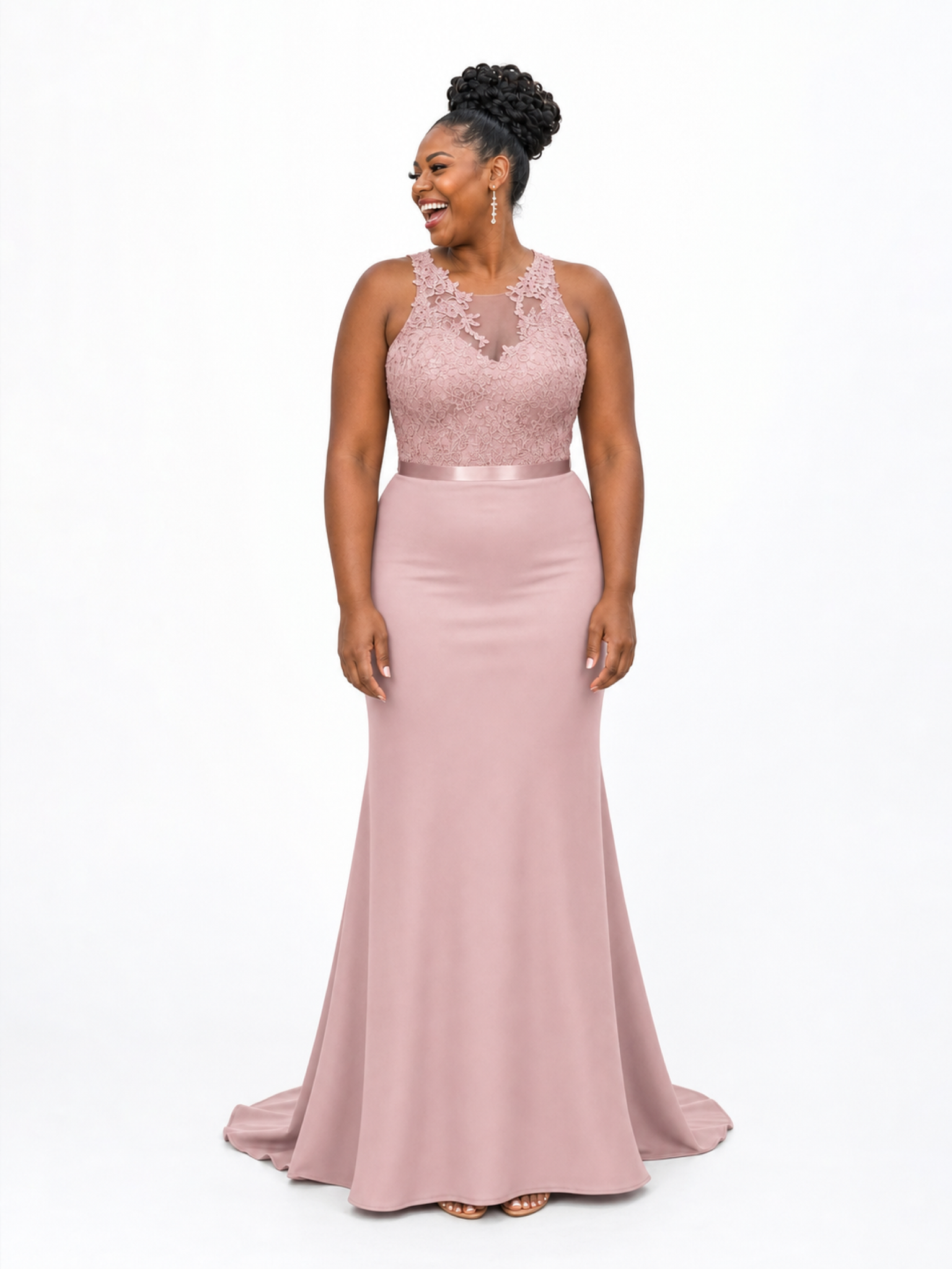 ChicSew Elegant Illusion Sleeveless Mermaid Soft Satin Lace Appliques Floor-Length Bridesmaid Dresses