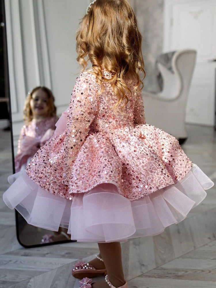 Gorgeous Pink Ball Gown Flower Girl Dresses Vintage Sheer Long Sleeves Appliques Beads Girls Pageant Gowns Toddler Kids Birthday Party