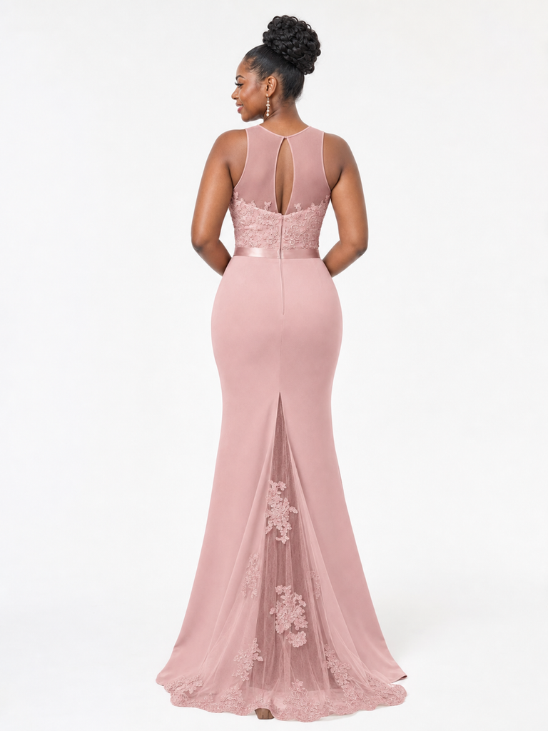 ChicSew Elegant Illusion Sleeveless Mermaid Soft Satin Lace Appliques Floor-Length Bridesmaid Dresses