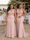 ChicSew Elegant Illusion Sleeveless Mermaid Soft Satin Lace Appliques Floor-Length Bridesmaid Dresses