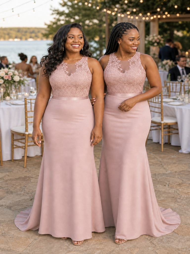 ChicSew Elegant Illusion Sleeveless Mermaid Soft Satin Lace Appliques Floor-Length Bridesmaid Dresses