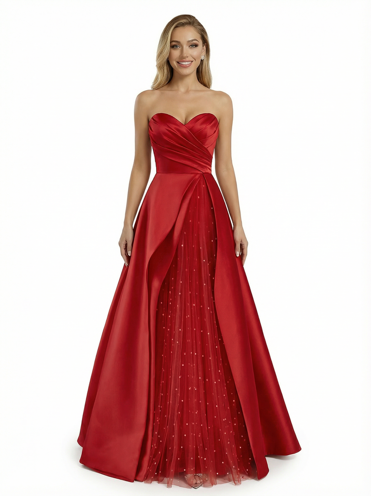 Sweet Sweetheart A-line Tulle Satin Prom Dresses with Beading