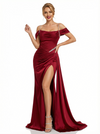 Elegant Cold Shoulder Mermaid Side Slit Evening Satin Prom Dresses with Pleats