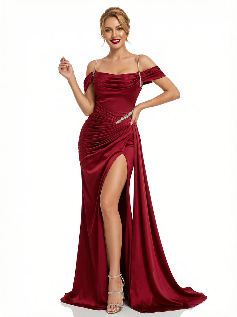 Elegant Cold Shoulder Mermaid Side Slit Evening Satin Prom Dresses with Pleats