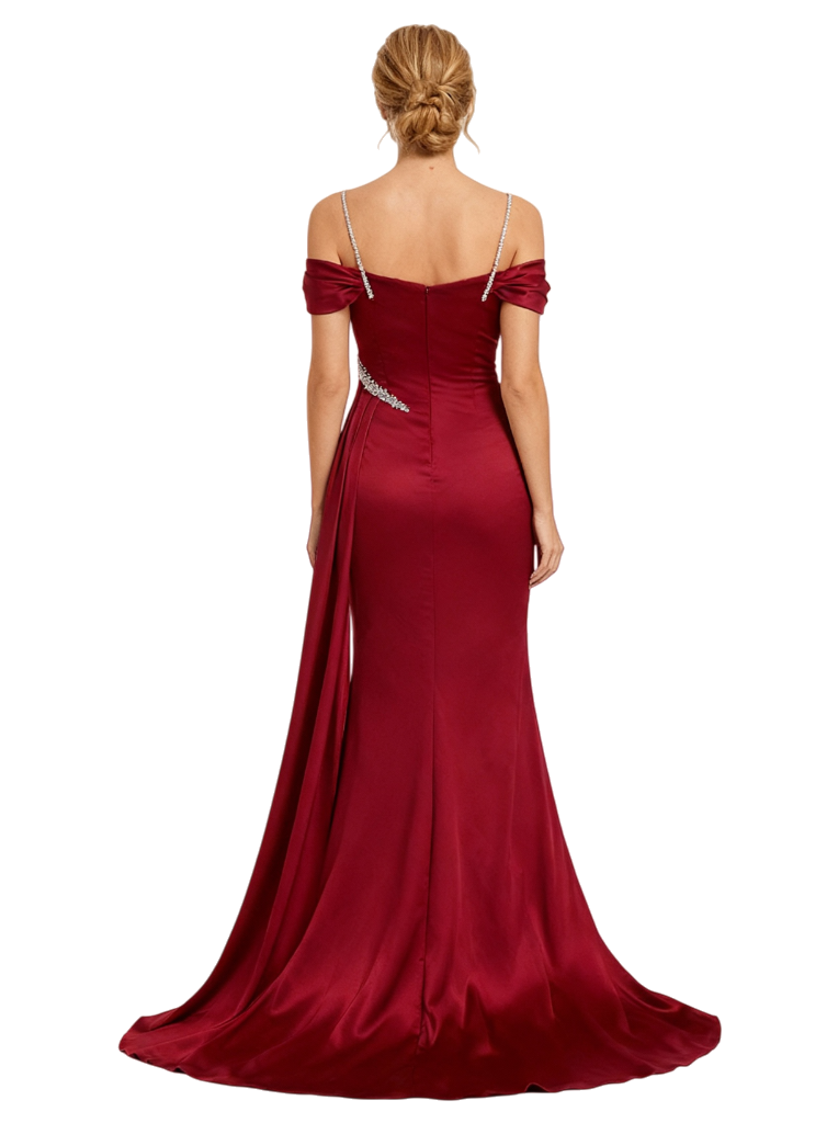 Sexy Cold Shoulder Prom Gown Beaded Satin High Slit Mermaid Floor Length Formal Dresses