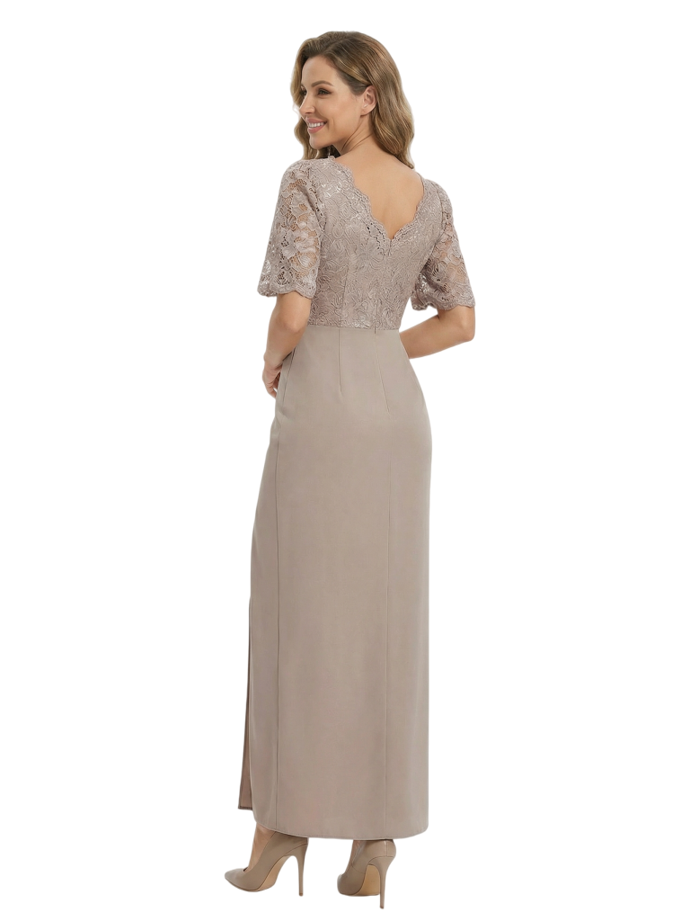 Glamorous Short Sleeves V-Neck A-line Lace Pleated Chiffon Mother of The Bride Dress
