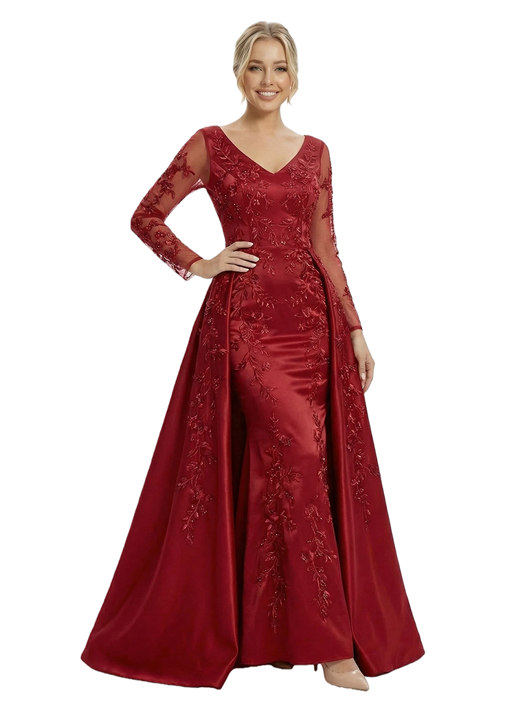 Elegant V-Neck Long Sleeve Formal Gown Lace Satin Mermaid Floor Length Prom Dress Overskirt