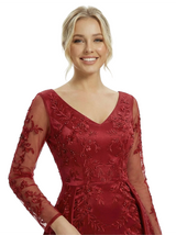 Elegant V-Neck Long Sleeve Formal Gown Lace Satin Mermaid Floor Length Prom Dress Overskirt