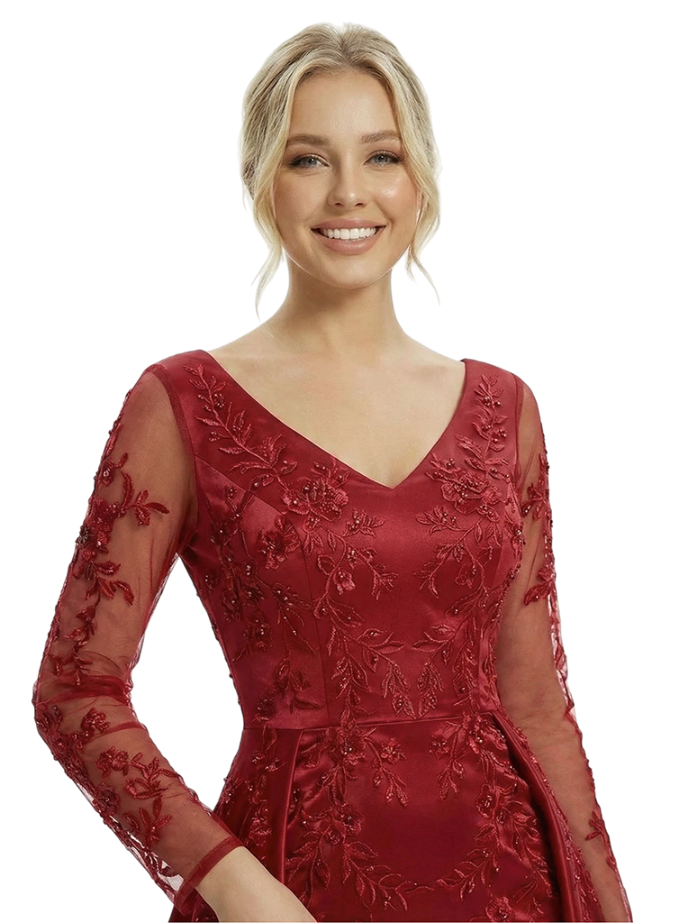 Elegant V-Neck Long Sleeve Formal Gown Lace Satin Mermaid Floor Length Prom Dress Overskirt