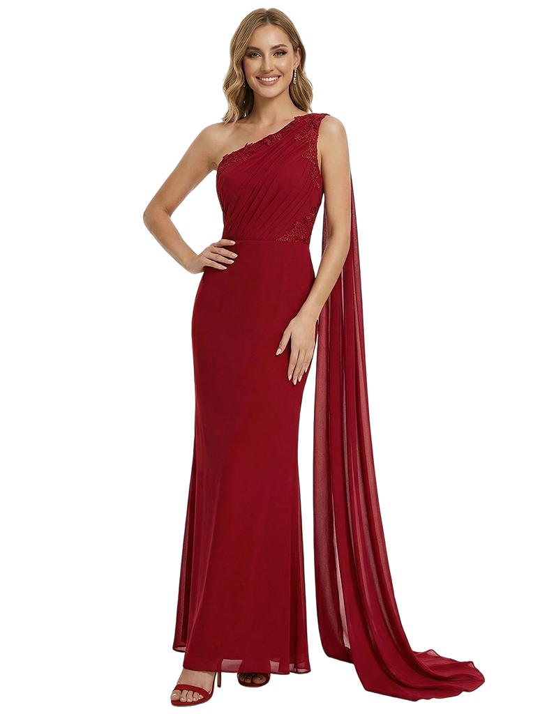 Elegant One Shoulder Formal Evening Gown Lace Chiffon Mermaid Floor Length Prom Dress