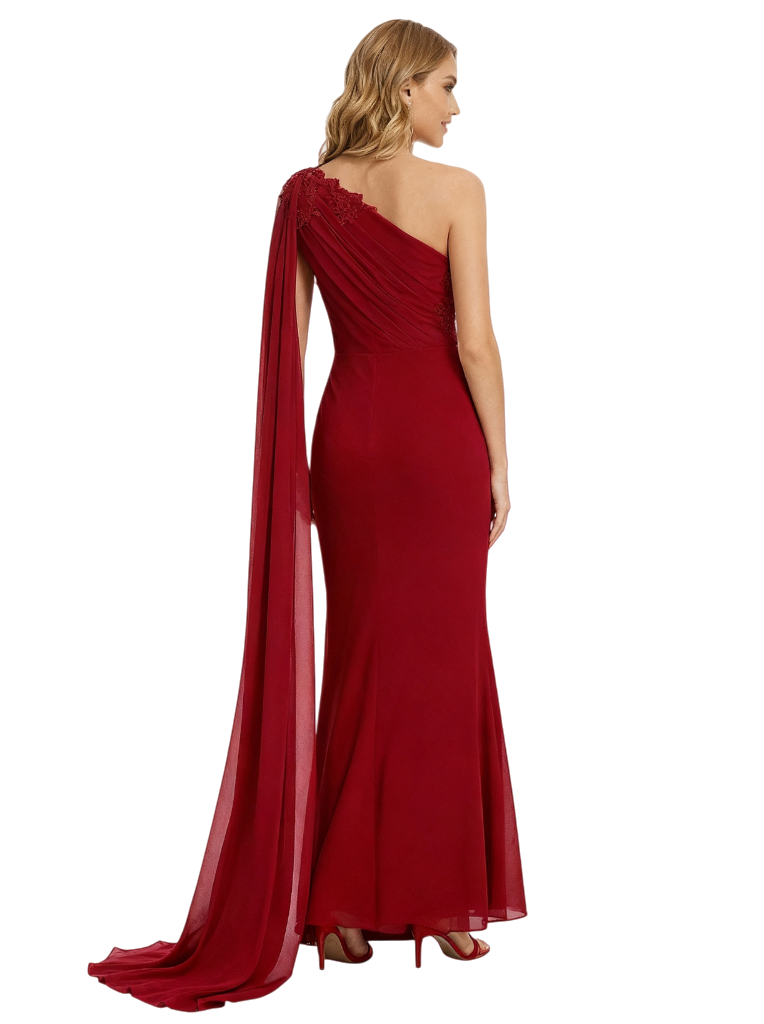 Elegant One Shoulder Formal Evening Gown Lace Chiffon Mermaid Floor Length Prom Dress