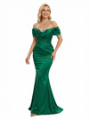 Elegant Off Shoulder Mermaid Satin Prom Dresses with Pleats Online