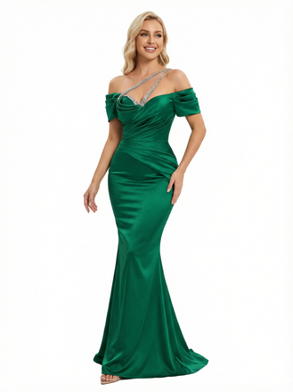 Elegant Off Shoulder Mermaid Satin Prom Dresses with Pleats Online