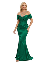 Fancy Off Shoulder Prom Gown Rhinestone Detail Satin Ruched Mermaid Silhouette Floor Length Formal Evening Wear