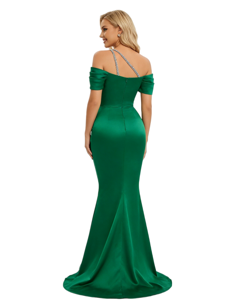 Fancy Off Shoulder Prom Gown Rhinestone Detail Satin Ruched Mermaid Silhouette Floor Length Formal Evening Wear