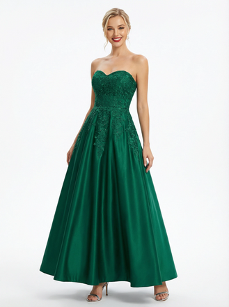 Simple Sweetheart A-line Satin Ankle Length Prom Dresses with Applique