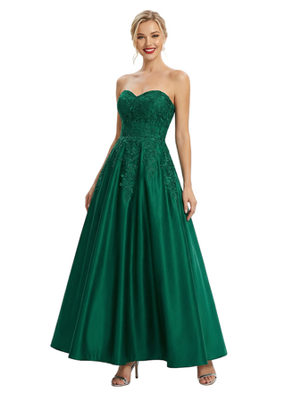 Classy Strapless Prom Dress Lace Applique Satin Fabric Ball Gown Floor Length Formal Evening Gown