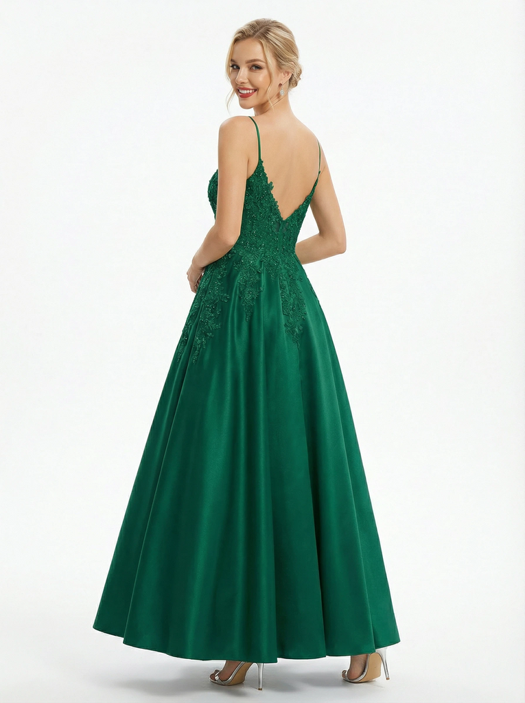 Simple Sweetheart A-line Satin Ankle Length Prom Dresses with Applique