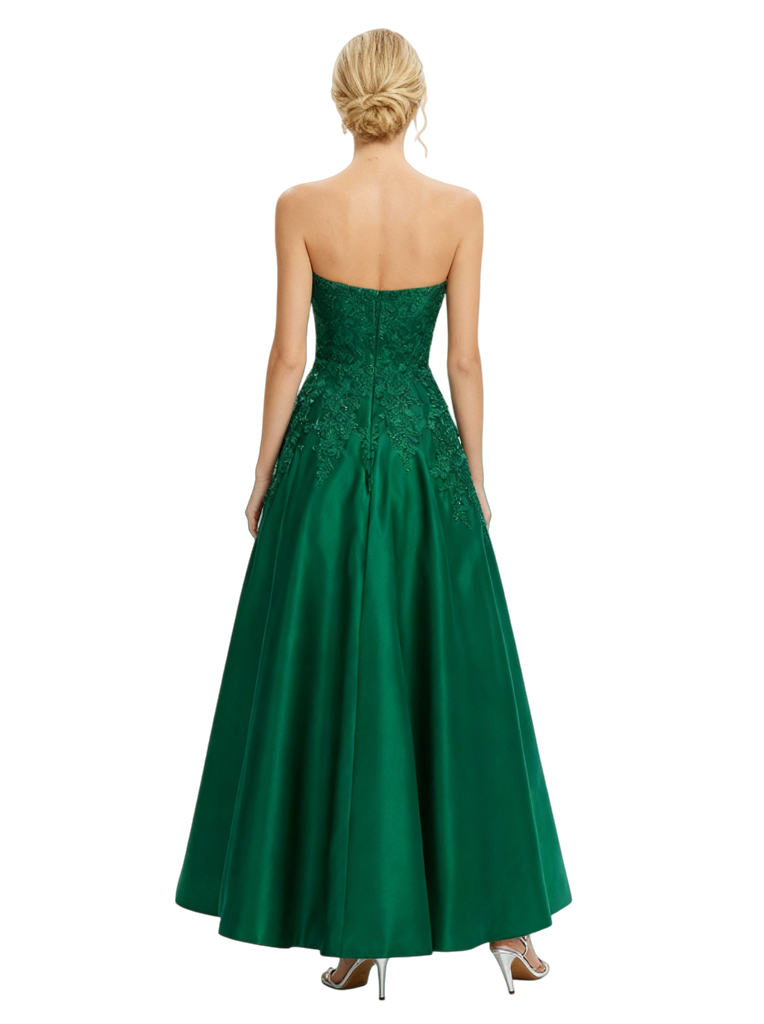 Classy Strapless Prom Dress Lace Applique Satin Fabric Ball Gown Floor Length Formal Evening Gown