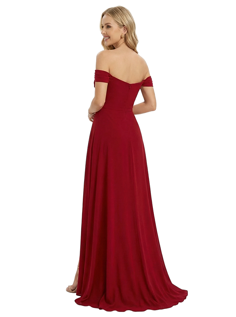 Sexy Off Shoulder Ruched Mermaid Crepe Side Slit Evening Prom Dresses