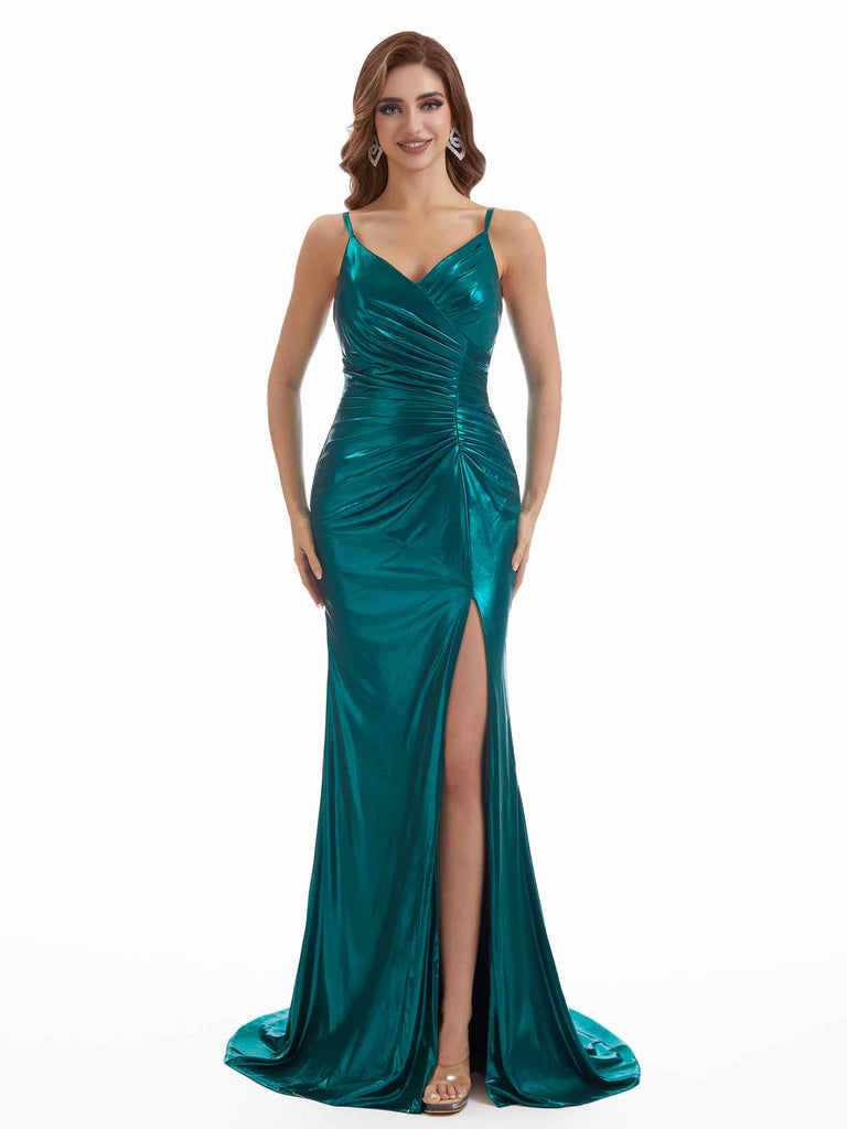 Sexy Mermaid Spaghetti Straps Metallic Stretch Shiny Fabric Side Slit Long Bridesmaid Dresses Online