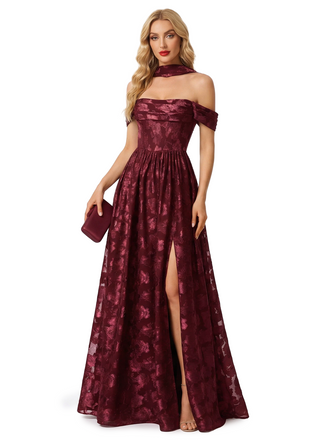 Elegant Off Shoulder Floral Burnout Chiffon A-Line Formal Evening Dresses