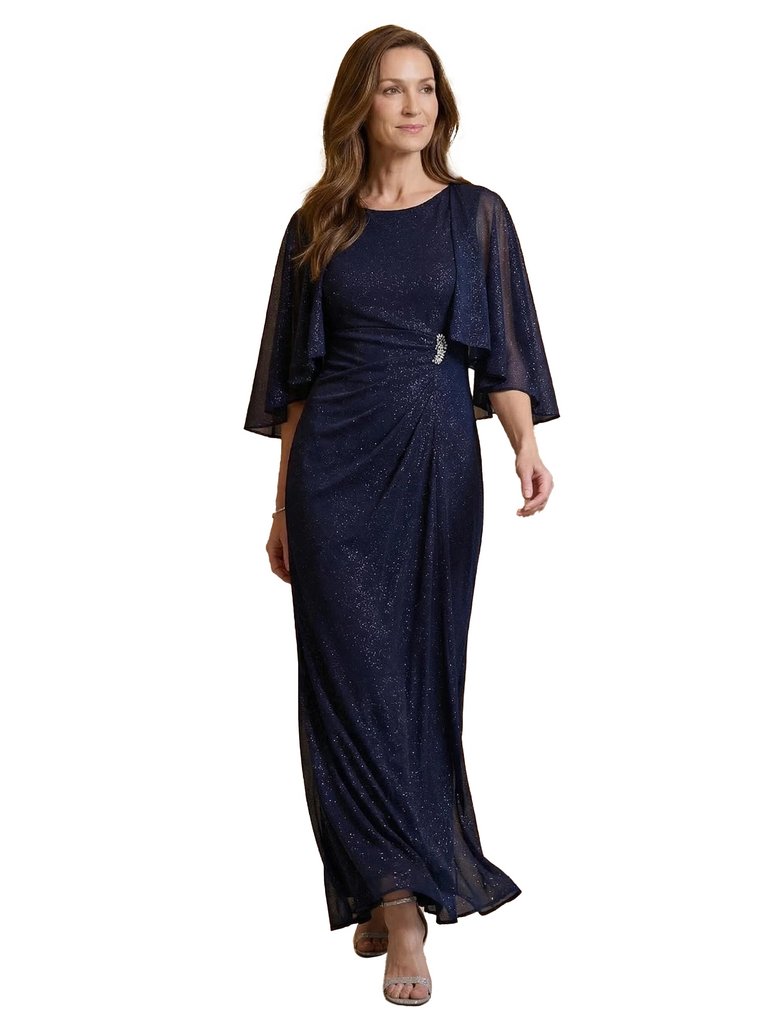 Chicsew Classy Jewel A-Line Cape Sleeves Glitter Jersey Mother Of The Groom Dress Evening Gown
