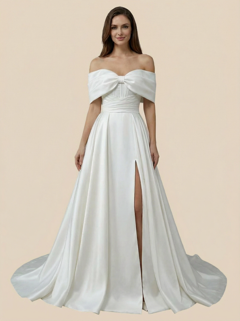 A-Line Off Shoulder Side Slit Maxi Long Satin Wedding Dresses Online