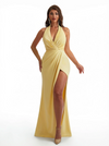 Women Sexy Halter Ruced Mermaid Silky Satin Long Formal Dresses Side Slit