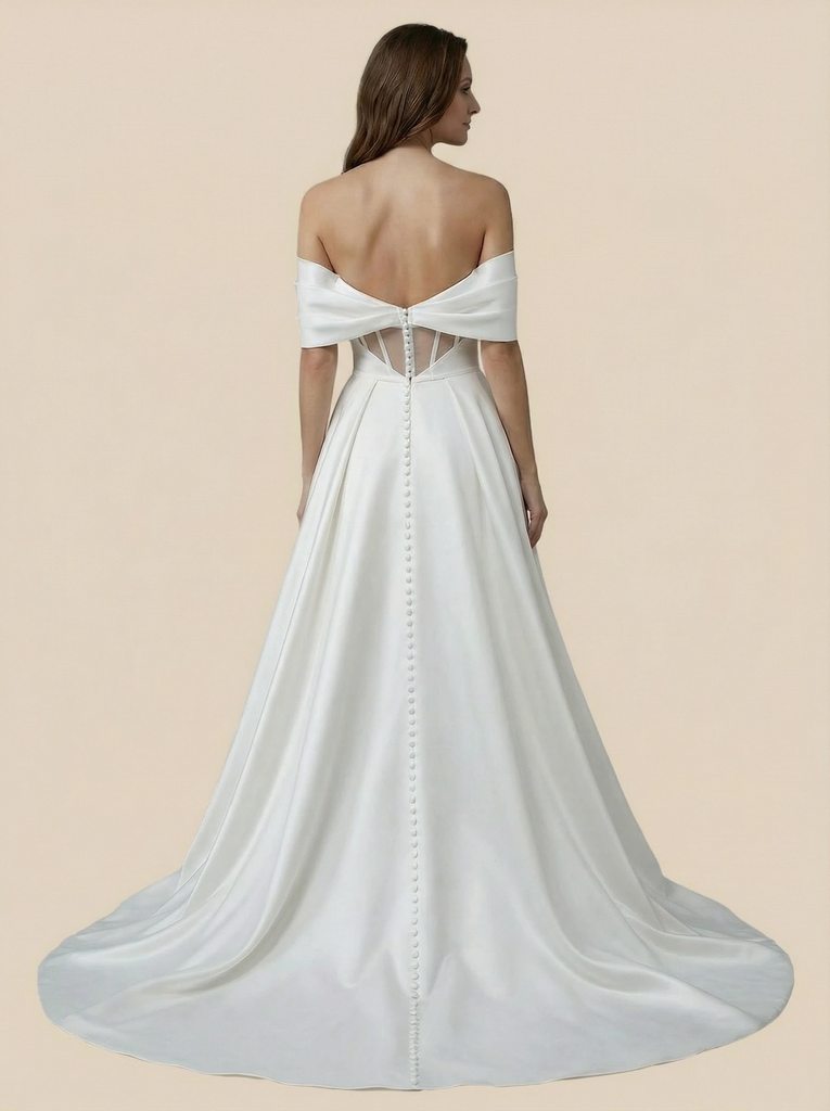A-Line Off Shoulder Side Slit Maxi Long Satin Wedding Dresses Online