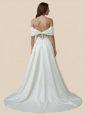 A-Line Off Shoulder Side Slit Maxi Long Satin Wedding Dresses Online