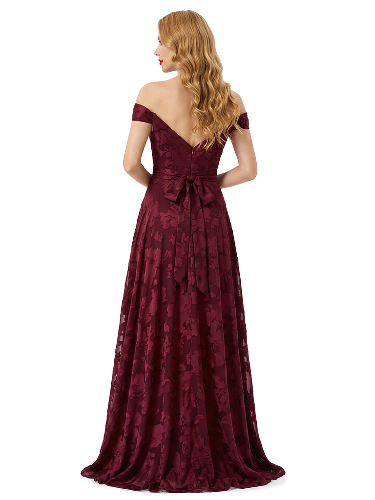 Elegant Off Shoulder Floral Burnout Chiffon A-Line Formal Evening Dresses