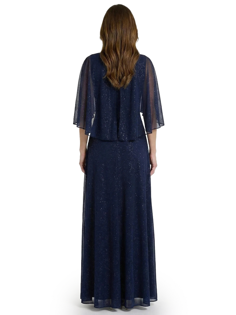 Chicsew Classy Jewel A-Line Cape Sleeves Glitter Jersey Mother Of The Groom Dress Evening Gown