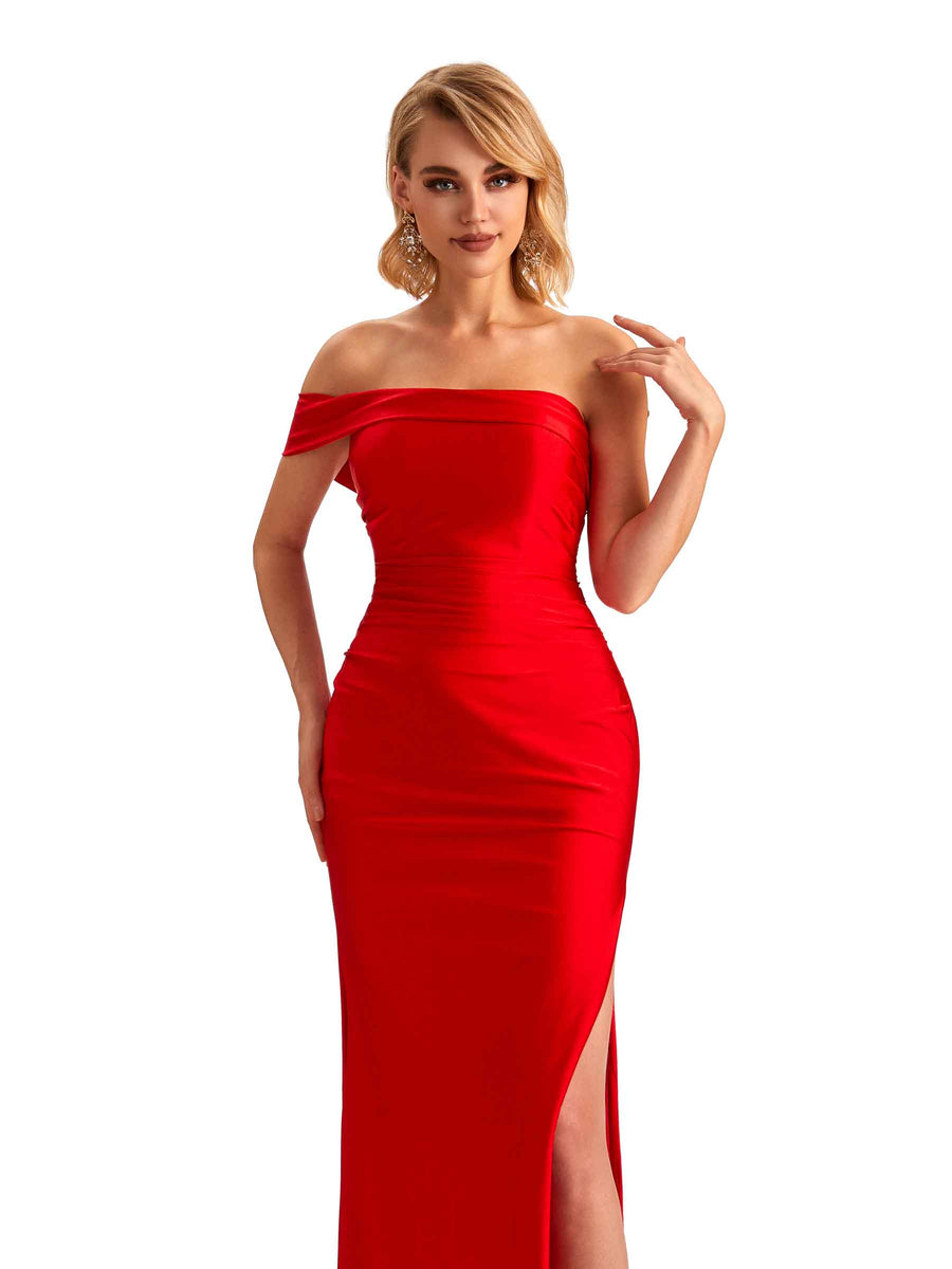 Sexy Side Slit One Shoulder Mermaid Soft Satin Unique Long Bridesmaid Dress For Wedding