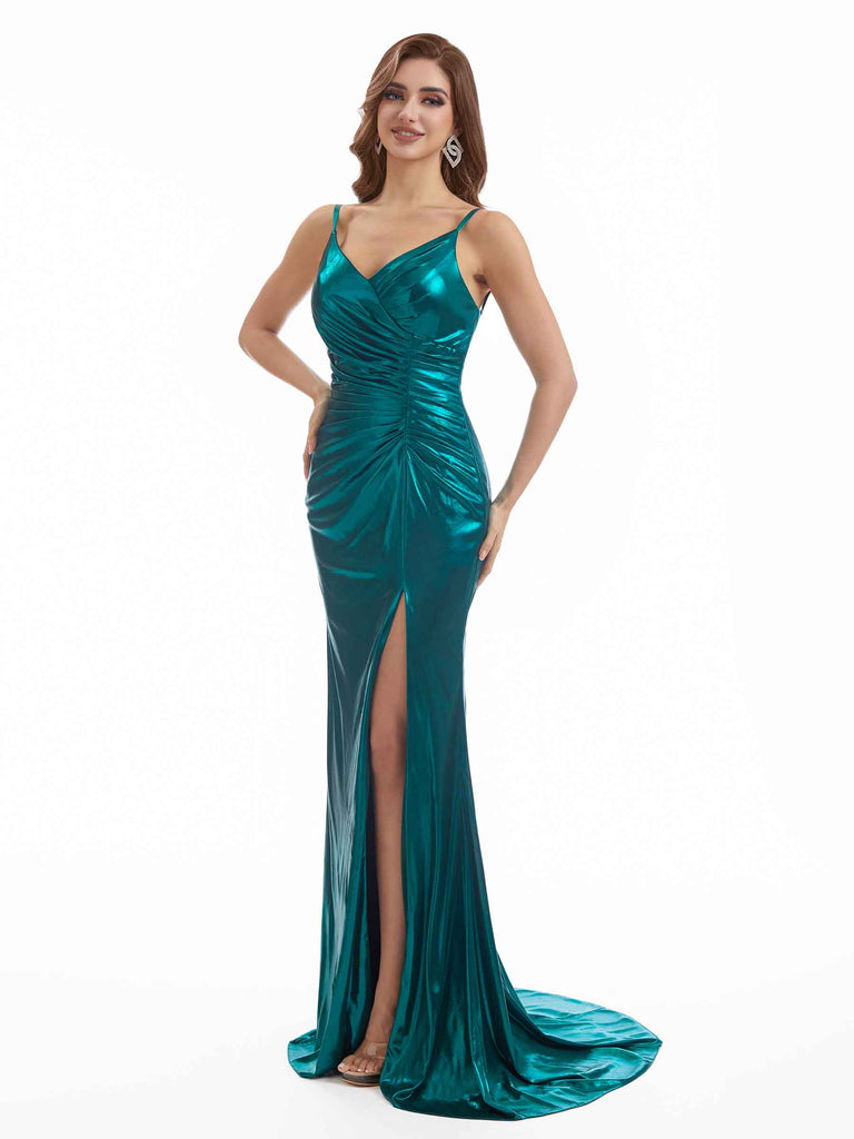 Sexy Mermaid Spaghetti Straps Metallic Stretch Shiny Fabric Side Slit Long Bridesmaid Dresses Online