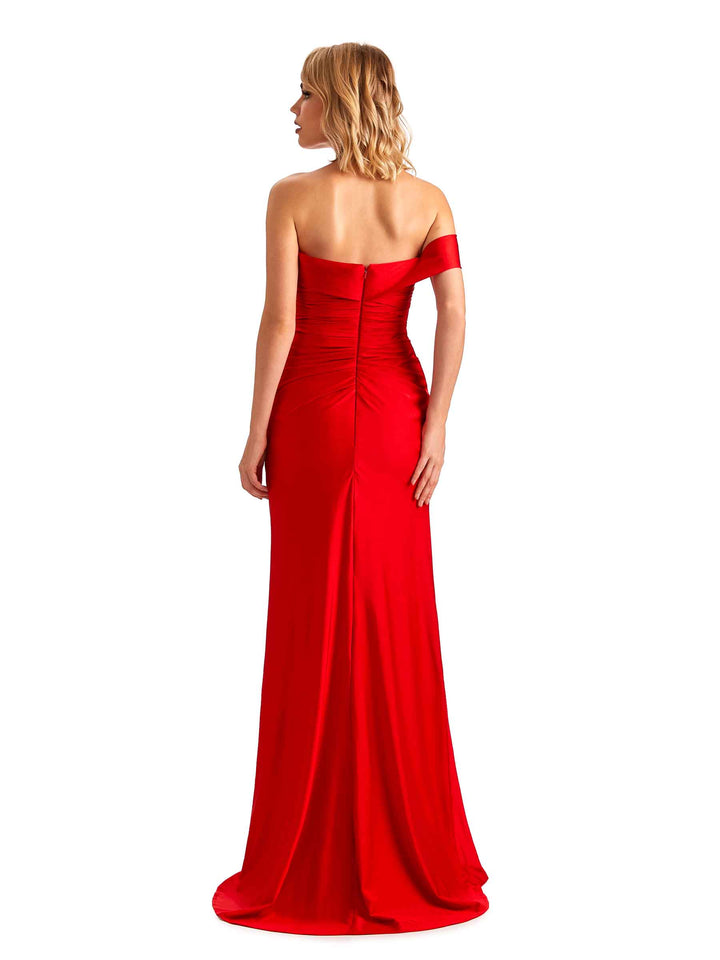 Sexy Side Slit One Shoulder Mermaid Soft Satin Unique Long Bridesmaid Dress For Wedding