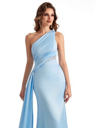 Sexy Mermaid Silky Satin One Shoulder Lace See Through Long Bridesmaid Dresses Online