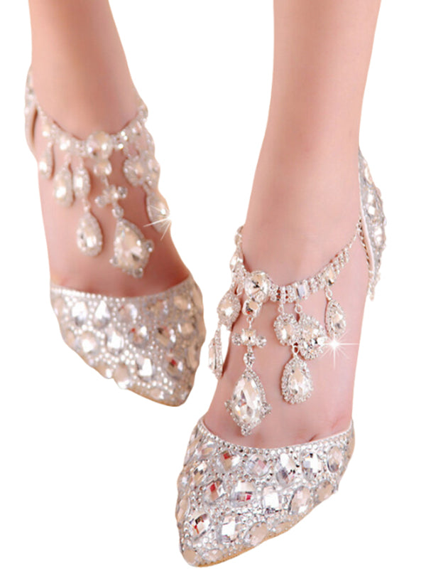 Women's Wedding Shoes Pointed Toe Crystal High Heel Decorative Heel Bridal Shoes,H29