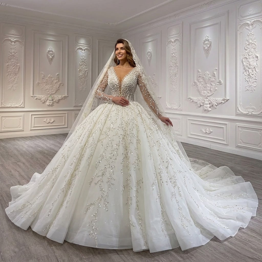 ChicSew Luxurious Beaded Illusion Ball Gown Wedding Dress With Sequin