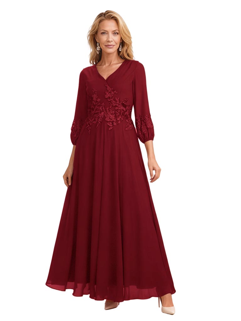 Women's Trendy Long Sleeves Chiffon Ankle Length A-Line Mother Of The Bride Dresses