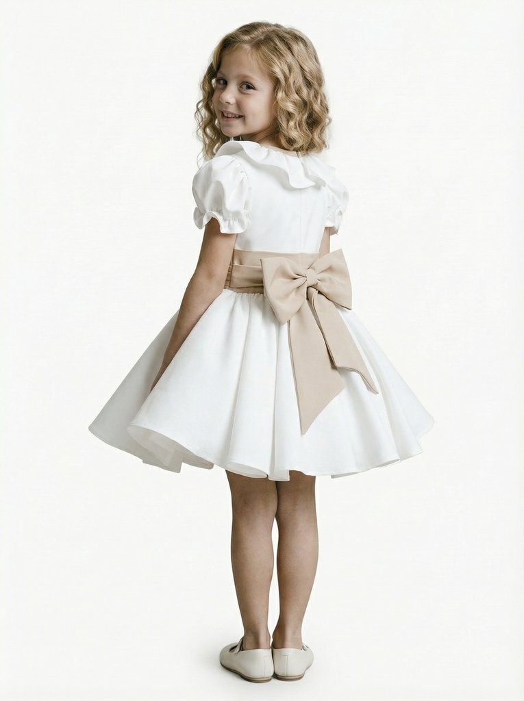 Short Sleeve Ruffle Neck Satin Skater Style Knee Length Junior Bridesmaid Dress, White Short Sleeve Ruffle Neck Satin Skater Style Knee Length Junior Bridesmaid Dress, White