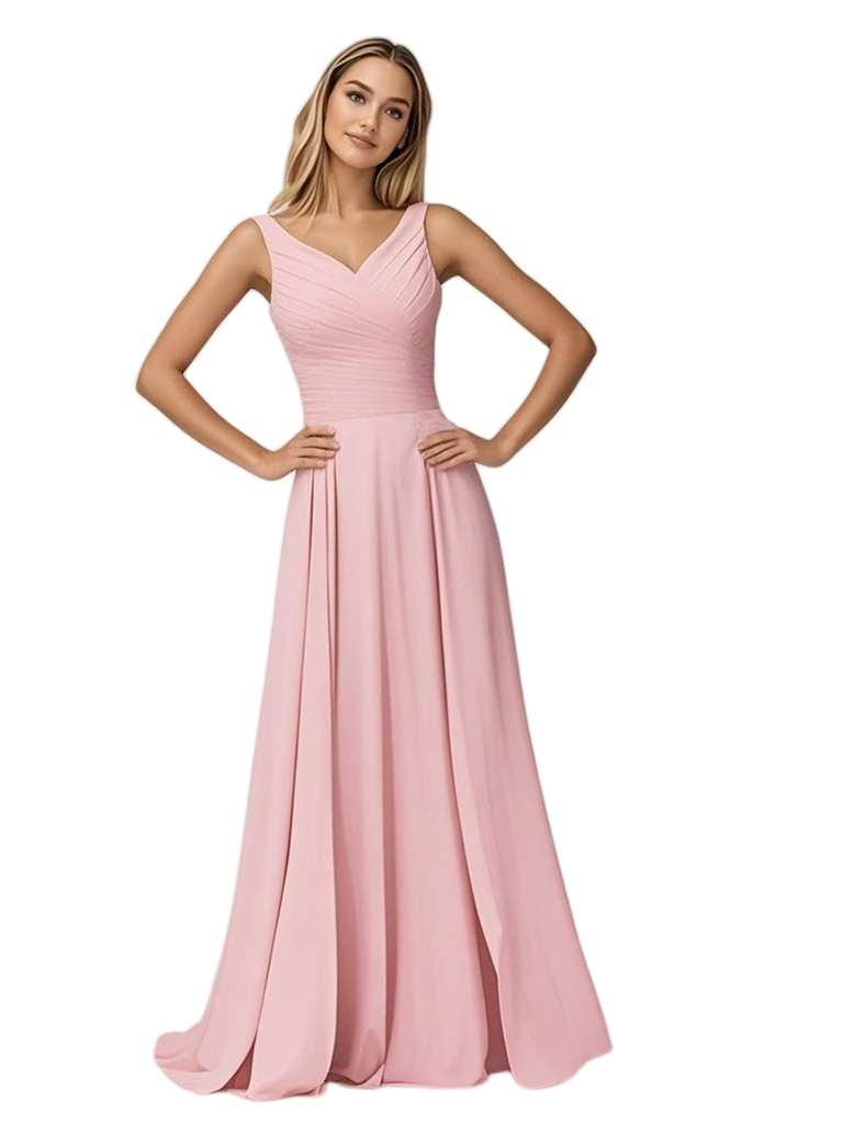 Spaghetti Straps V-Neck A-line Chiffon Long Bridesmaid Dresses