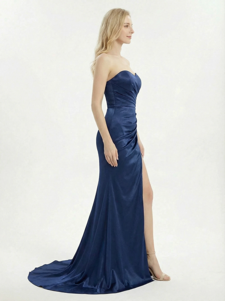 Strapless Satin Ruched SatinSweetheart Slit Mermaid Formal Dress