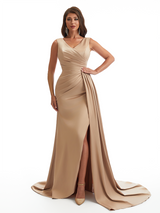 Elegant V-Neck Mermaid Side Slit Soft Satin Long Bridesmaid Dresses Online