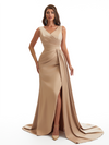 Elegant V-Neck Mermaid Side Slit Soft Satin Long Bridesmaid Dresses Online
