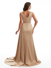 Elegant V-Neck Mermaid Side Slit Soft Satin Long Bridesmaid Dresses Online