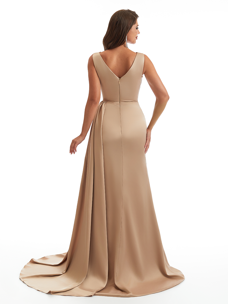 Elegant V-Neck Mermaid Side Slit Soft Satin Long Bridesmaid Dresses Online