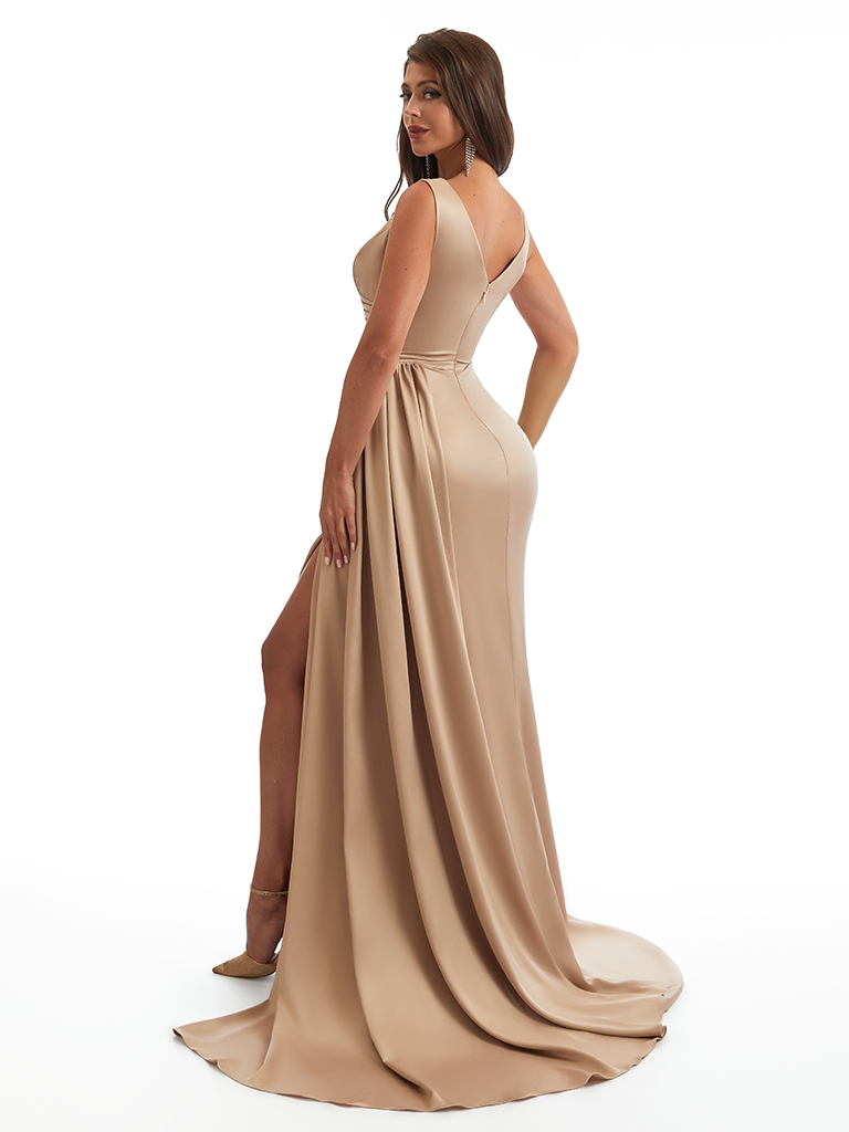Elegant V-Neck Mermaid Side Slit Soft Satin Long Bridesmaid Dresses Online