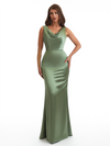 Elegant Cowl Neck Mermaid Soft Satin Long Wedding Party Bridesmaid Dresses Online
