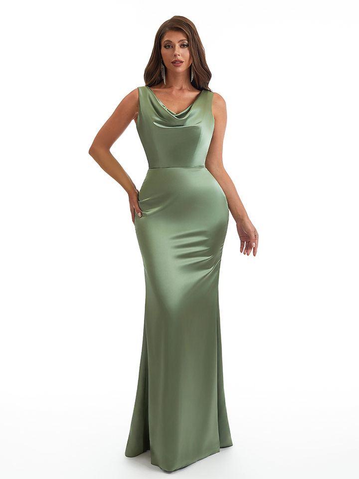 Elegant Cowl Neck Mermaid Soft Satin Long Wedding Party Bridesmaid Dresses Online